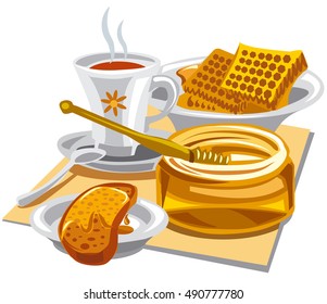 illustration of hot tea with honey and bread