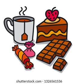 illustration of hot tea in the mug and cake with chocolate