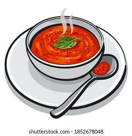 illustration of the hot tomato soup with a basil in a bowl