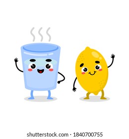 illustration of hot water in a cute glass and a cute lemon.