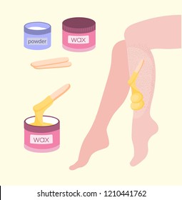 Illustration with hot wax or sugar, sticks, powder and legs. Cosmetology illustration