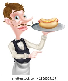 An Illustration of a Hotdog Cartoon Waiter Butler Pointing