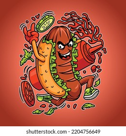 an illustration of a hotdog monster with a monster theme