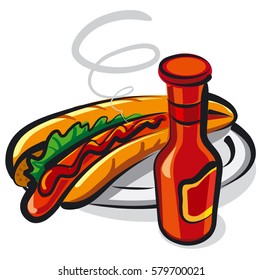 illustration of hotdog on plate with bottle of ketchup