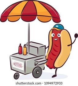 Illustration of a Hotdog Sandwich Mascot Pushing a Food Cart
