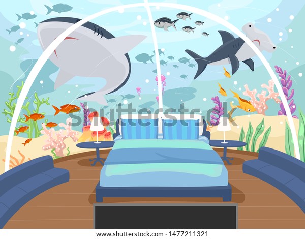 Illustration Hotel Bedroom Underwater Sharks Other Stock
