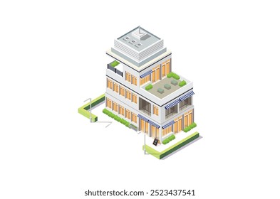 ilustração de um edifício de hotel equipado com um restaurante no telhado, estilo isométrico