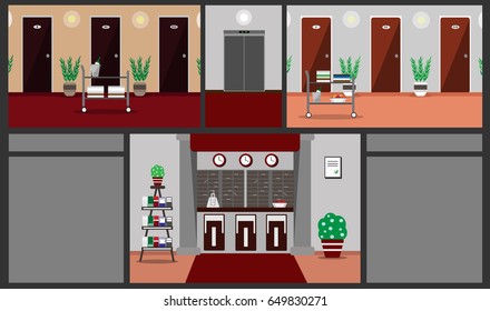 Illustration of a hotel building inside with different interiors, corridors, reception, elevator, furniture, doors, and other items in a flat style