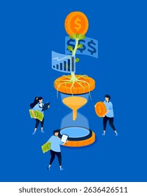 Illustration of an hourglass with a plant bearing money flowers, symbolizing long-term investment analysis, designed for investment apps, finance blogs, and wealth management platforms