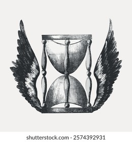 Illustration of an hourglass with wings, symbolizing time and freedom. The hourglass with wings represents the fleeting nature of time and freedom. Vintage art drawing, isolated vector element.