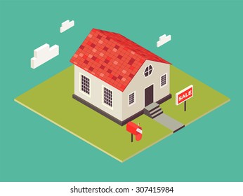 Illustration of house in 3d isometric style. Private house real estate icon for sale. American small cottage. Dwelling house in classicism style. Vector classicism town architecture. Townhouse.