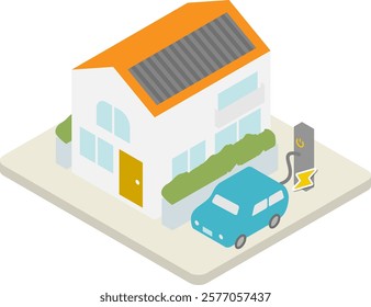 Illustration of a house with an all-electric system with solar panels on the roof to charge an eco-car.