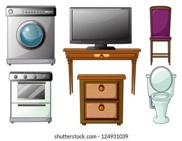 Illustration of house appliances and furnitures on a white background