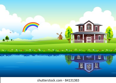 illustration of house with beautiful landscape and lake