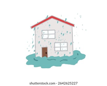 Ilustração de uma casa sendo inundada e inundada por inundação ou chuva forte