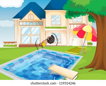 illustration of a house and a boy in a beautiful nature
