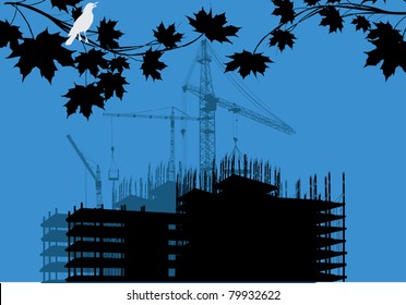 illustration with house building between branches