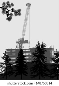illustration with house building between pines and firs