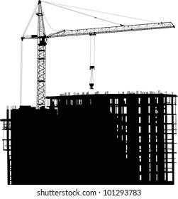 illustration with house building and crane