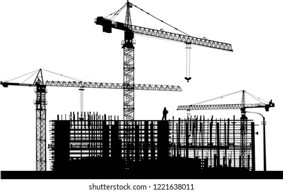 illustration with house building and crane