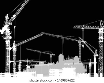 illustration with house building and crane