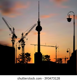 ilustración con edificio y grúa