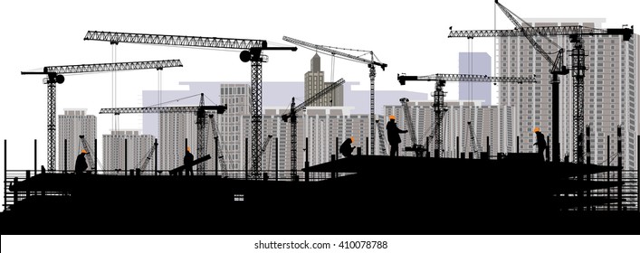 illustration with house building and crane