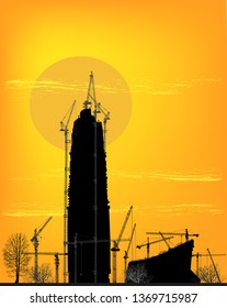 ilustración con edificio y grúas