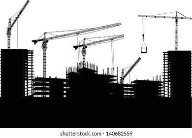 illustration with house building and cranes