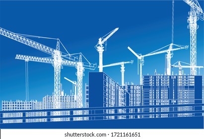 illustration with house building and cranes