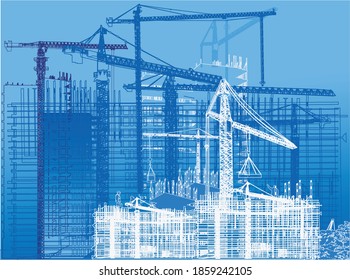 illustration with house building and cranes