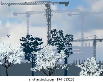 illustration with house building and cranes