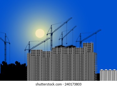 illustration with house building and cranes