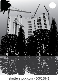 illustration with house building and cranes