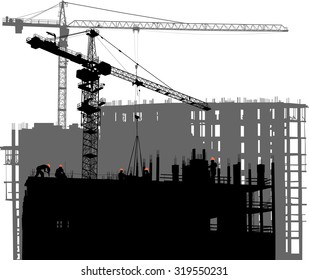 ilustración con edificio y grúas