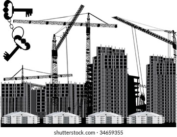 ilustración con edificio y grúas