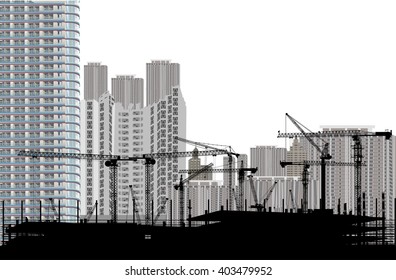 illustration with house building and cranes