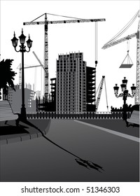 illustration with house building and cranes