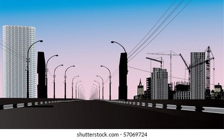 Illustration mit Häuserbau und Kränen