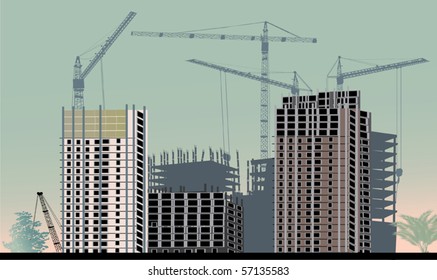 ilustración con edificio y grúas