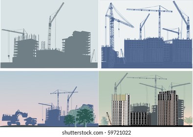 ilustración con edificio y grúas