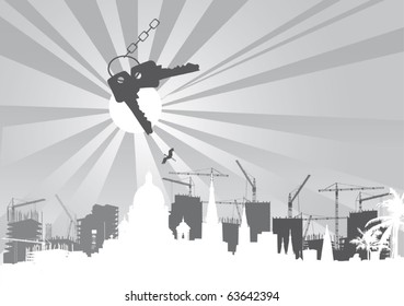 illustration with house building and cranes