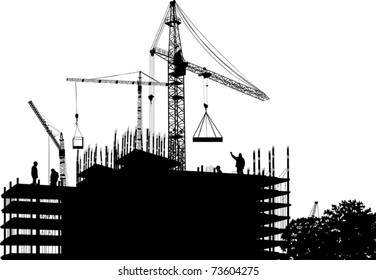 illustration with house building and cranes