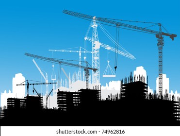 illustration with house building and cranes