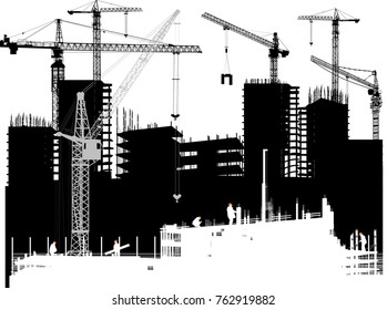 illustration with house building and cranes