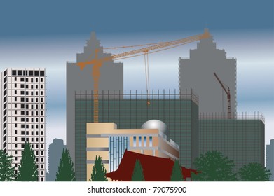 illustration with house building and cranes