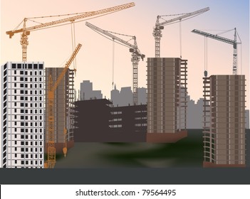 illustration with house building and cranes