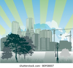 illustration with house building and cranes