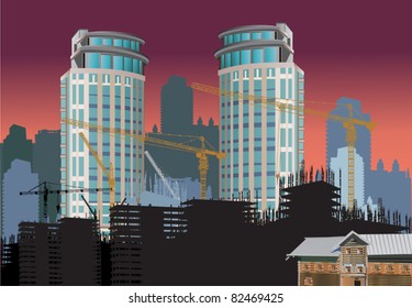 illustration with house building and cranes