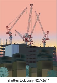 ilustración con edificio y grúas